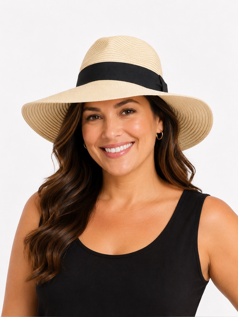 Classic Wide-Brim Sun Hat with Black Band - Cream